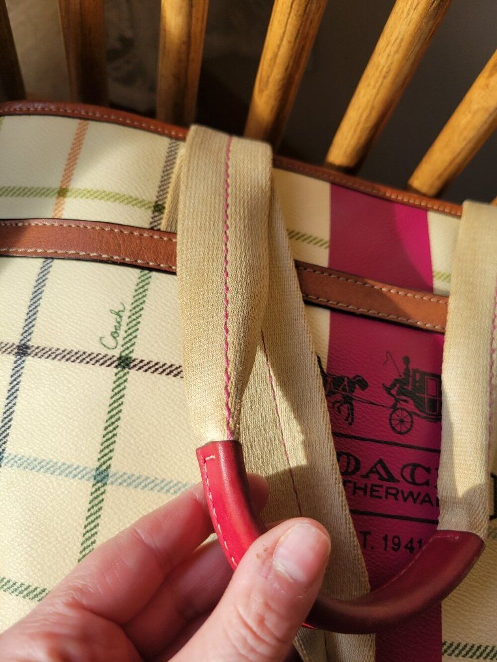 Coach Hampton Plaid Tote Pink Multicolor Tattersall- Authenticated - Picture 4 of 13